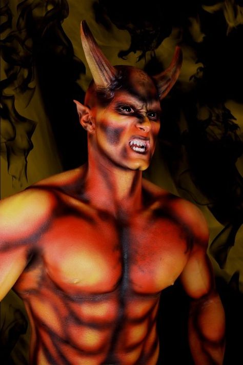 Airbrush Halloween Makeup, Devil Makeup Men, Demon Makeup Men, Human Horns, Demonic Images, Guy Costumes, Body Painting Men, Demon Makeup, Costume Concepts