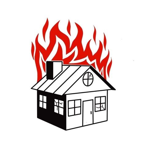 black and white house on fire with red flames illustration House On Fire, Red Flames, On Fire, Peace Gesture, Tatting, Okay Gesture, Tattoos, Red