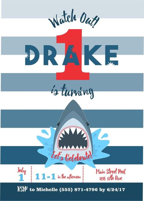 Shark birthday invitation shark party invitations Shark | Etsy Jaws Party, Boys First Birthday Party, Shark Party Invitations, Shark Birthday Invitation, Adventure Birthday Party, Shark Pool, Birthday Party Locations, Shark Birthday Invitations, Boys First Birthday