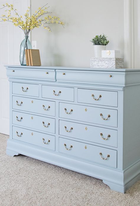 Painted Furniture Makeover - Pale Blue Dresser with Brass Handles in Fusion Mineral Little Whale Light Blue Dresser, Drawers Makeover, Dresser Paint, Blue Painted Furniture, Blue Dresser, Bedroom Furniture Makeover, Painted Bedroom Furniture, Dressers Makeover, Rowe Furniture