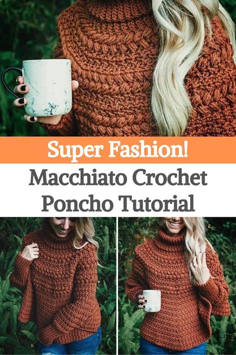 The Macchiato Crochet Poncho is a fun and beautiful crochet project. You will love to wear this piece all fall and winter. Throw it over any top and pair it with jeans and sneakers. Or even your winter boots! that would also be cute for a night on the town in baggy pants and neutral heels.The fold over the turtle neck will keep it warm, but it can also be done without the hooded neck. And do you want longer? Fully customizable, just crochet more rounds after increases. Top Down Crochet Turtleneck, Crochet Turtle Neck Sweater Pattern Free, Crochet Turtle Neck Sweater, Crochet Turtle Neck, Poncho Sweater Pattern, Poncho Tutorial, Crochet Cardigans, Neutral Heels, Crochet Turtle