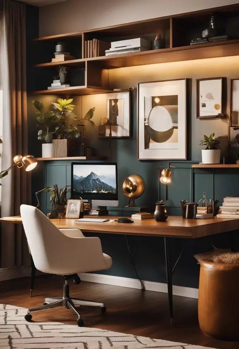 Mid-Century Modern Home Office Art Above Computer Monitor, Green And Black Home Office, Mid Century Modern Office Ideas, Modern Eclectic Office, Coach Office Ideas, Dark Home Office Ideas, Mcm Office Ideas, Modern Cozy Office, Home Office Mid Century Modern