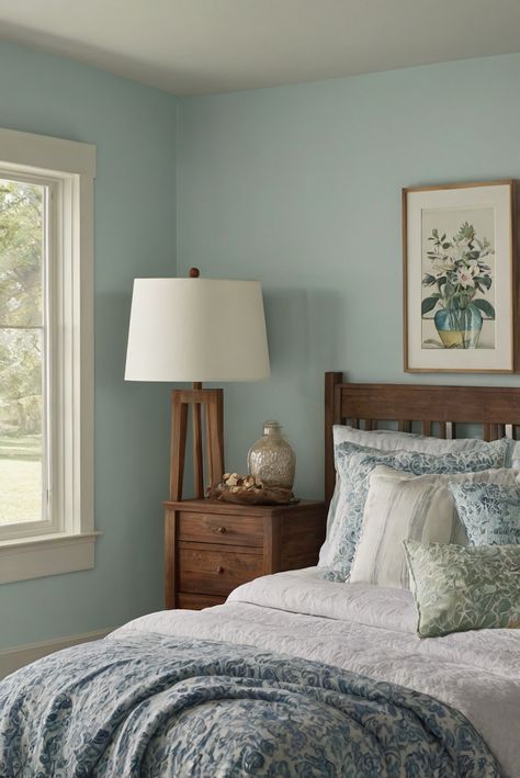 Most Soothing Paint Colors, Sherwin Williams Sea Salt Bedroom, Sea Salt Bedroom Ideas, Sea Salt Sherwin Williams Bedroom, Sea Salt Bedroom, Pale Blue Bedrooms, Relaxing Paint Colors, Salt Paint, Blue Green Bedrooms