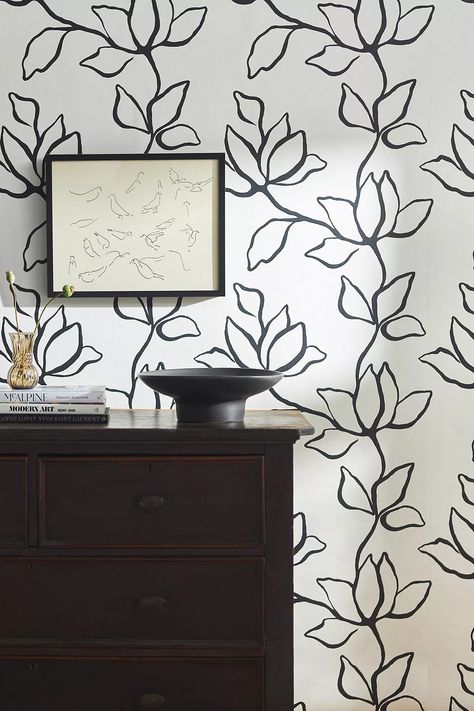 Floral Sketch Wallpaper | Anthropologie Classic Peel And Stick Wallpaper, Modern Removable Wallpaper, Black And White Wallpaper Dining Room, Wallpaper Kids Bathroom, Floral Wallpaper Simple, Black And White Floral Wallpaper, Sketch Wallpaper, Vine Wallpaper, Floral Sketch