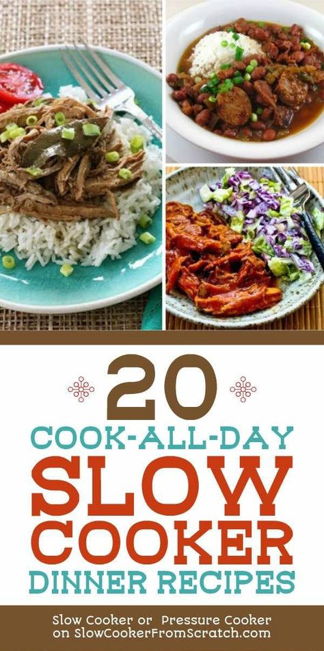 For those days when you'll be out of the house all day, here are 20 Cook-All-Day Slow Cooker Dinner Recipes so you can come home to dinner in the CrockPot! All these recipes can cook for at least 8 hours, and an hour or two more won't matter! [found on Slow Cooker or Pressure Cooker at SlowCookerFromScratch.com] #SlowCookerDinner #CrockPotDinner #CookAllDaySlowCookerDinner Easy Crockpot Meals 8 Hours Crock Pot, Crock Pot 8 Hour Recipes, Slow Cooker Recipes Long Cook Time, All Day Slow Cooker Meals, Slow Cooker Recipes 10 Hours, 10 Hour Slow Cooker Recipes, Crockpot Recipes 10-12 Hours, 12hr Crockpot Recipes, Slow Cooker All Day Recipes