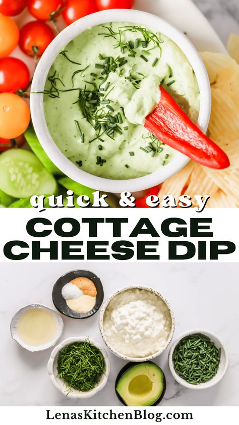 This cottage cheese dip is rich, creamy, and ultra-smooth! It features protein-packed cottage cheese infused with fresh herbs and buttery avocado. Once blended, it makes the ideal partner for veggies, crackers, and more. High Protein Dip For Veggies, Cottage Cheese Veggie Dip, Onion Dip Mix, Cottage Cheese Dip, Cottage Cheese Dips, Vegetable Dips, Cheese Dips, Avocado Ranch, Ranch Dip