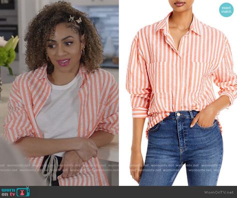 Patience’s orange stripe shirt on All American. Outfit Details: https://wornontv.net/277465/ %23AllAmerican Orange Striped Shirt Outfit, Chelsea Tavares, Outfits With Striped Shirts, Vertical Striped Shirt, Where To Buy Clothes, Stripe Shirt, Fashion Tv, All American, Latest Outfits