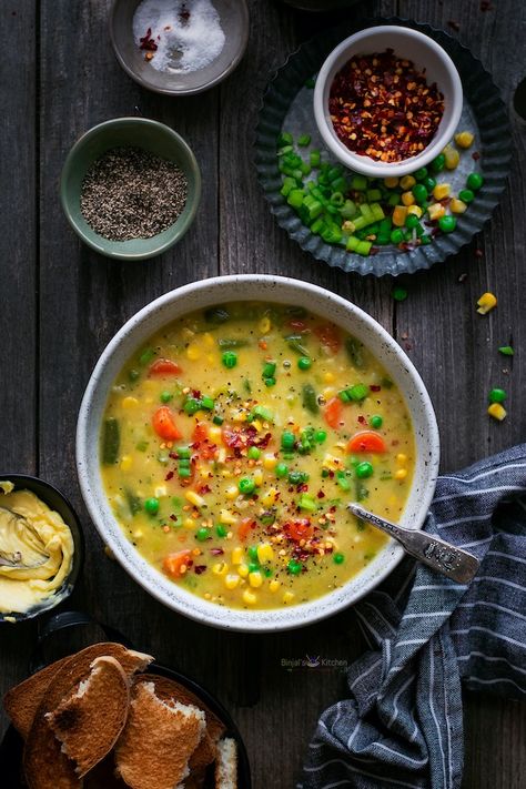 Veggie Sweet Corn Soup - Binjal's VEG Kitchen Veg Sweet Corn Soup, Boil Sweet Corn, Corn Vegetable, Sweet Corn Soup, Corn Chicken, Veg Soup, Creamy Corn, Corn Soup, Mixed Vegetables