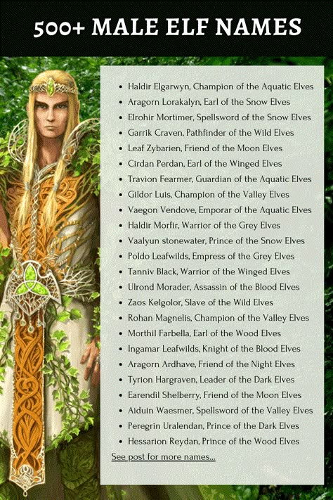 Over 500 male elf names to use in your stories. This male elf name generator includes first names, last names, titles and elf groupings. Elf Names Female, Half Elf Names, High Elf Names, Wood Elf Names, Female Elf Names, Dark Fantasy Names, Dark Elf Names, Male Elf Names, Fantasy Names Male