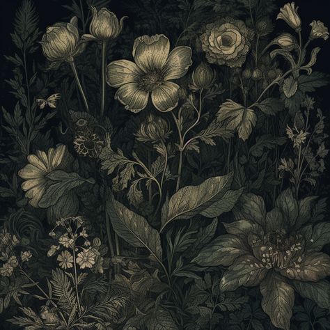 Nature Dark Academia, Gothic Vintage Aesthetic, Dark Botanical Aesthetic, Dark Academia Illustration, Garden Of Eden Aesthetic Dark, Gothic Sunflower, Botanical Goth, Dark Botanical Old World Aesthetic, Botany Aesthetic