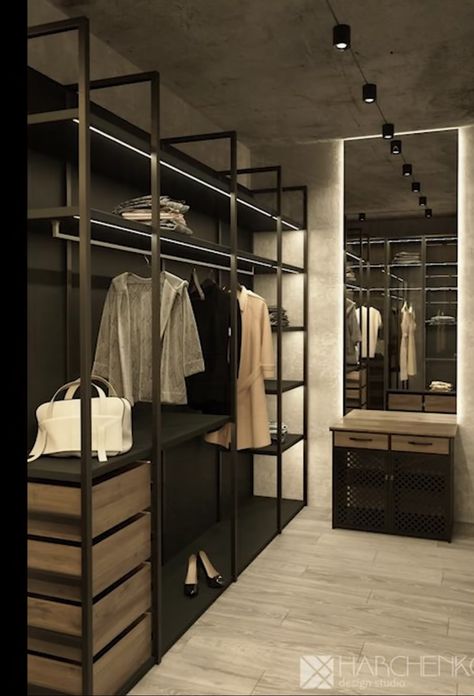 Open Closet Ideas Bedroom, Closet Minimalista, Industrial Closet, Industrial Bedroom Design, Art Haus, Dressing Room Closet, Dream Closet Design, Walk In Closet Design, Bed In Closet Ideas