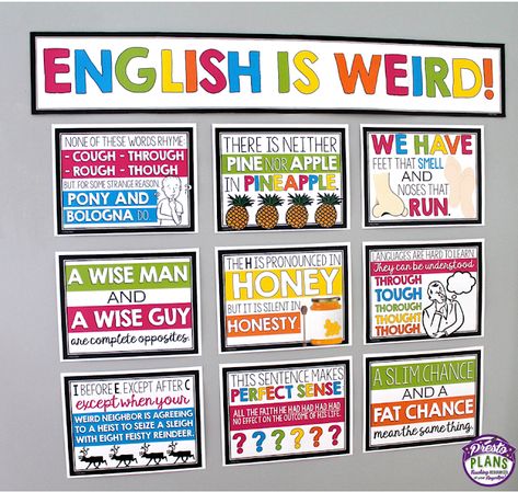 7 Tips for Decorating English Classrooms for Teens | SECONDARY SARA English Is Weird, English Bulletin Boards, Ela Bulletin Boards, English Classroom Posters, Middle School English Classroom, English Classroom Decor, High School English Classroom, English Posters, Kindergarten Classroom Decor