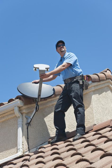 Satellite Installer on Roof. Installation of satellite dish TV system on Spanish , #AD, #Installation, #satellite, #Roof, #Satellite, #Installer #ad Dish Tv, Television Antenna, Outdoor Antenna, The Satellite, Satellite Dish, Roof Installation, Chic Fall Outfits, Tv Antenna, Digital Tv