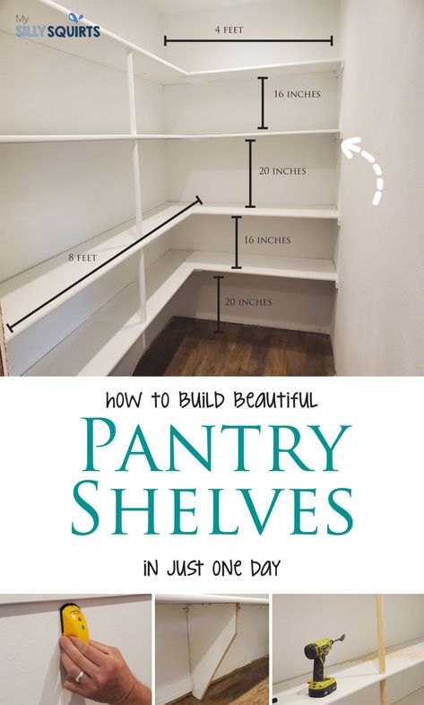 How to build beautiful pantry shelves in one day - My Silly Squirts Crochet Decor Ideas, L Shaped Pantry, Pantry Dimensions, Narrow Pantry, Diy Pantry Shelves, Pantry Closet Design, Pantry Layout, Deep Pantry, Beautiful Pantry