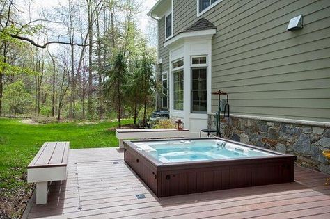 Recessed Hot Tub, Deck Benches, Comfortable Patio Furniture, Curved Deck, Deck Bench, Deck Remodel, Hot Tub Patio, Screened Porch Designs, Outdoor Gathering Space