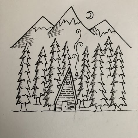 Woods Drawing Easy, Forest Drawing Easy, Mountain Drawing Simple, Woods Drawing, White Pen Drawing, Drawing Mountains, House In Forest, Trees House, Snow Moon