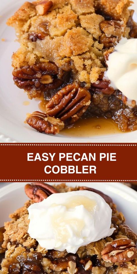 Easy Pecan Pie Cobbler Recipe: This delicious dessert combines the rich, nutty flavors of pecan pie with the simplicity of a cobbler. Perfect for holidays, potlucks, or family dinners, it's made with buttery pecans, brown sugar, and toffee bits, creating a mouthwatering treat everyone will love. Serve warm with vanilla ice cream, whipped cream, or caramel sauce for a delightful finish. Easy Pecan Pie Cobbler, Pecan Pie Cobbler Easy, Pecan Pie Cobbler Recipe, Pecan Cobbler Recipe, Easy Cobbler, Pecan Desserts Recipes, Pecan Pie Cobbler, Easy Pecan Pie, Cobbler Recipes Easy