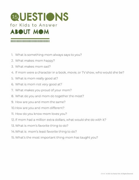 15 Questions for Kids to Answer about Mom - iMOM Mom And Som, Hand Care Routine, Questions For Kids, Kids Questions, Hypothetical Questions, Teaching Life Skills, All About Mom, Journal Questions, Behaviour Management