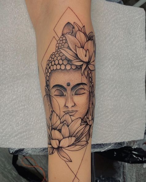 Buddhist Tattoo Sleeve, Girly Sleeve Tattoo, Buddha Tattoo Sleeve, Mandala Arm Tattoos, Arm Sleeve Tattoos For Women, Buddhist Tattoo, Hippie Tattoo, Buddha Tattoo Design, Finger Tattoo For Women