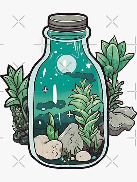 "Magic plants in a bottle" Sticker for Sale by Lialightart | Redbubble Person In Bottle Drawing, Bottle Aesthetic Art, Cute Bottle Drawing, World In A Bottle Drawing, Kawaii Bottle Drawing, Magic Bottle Drawing, Plants In A Bottle, Small Digital Art, Nature Jar