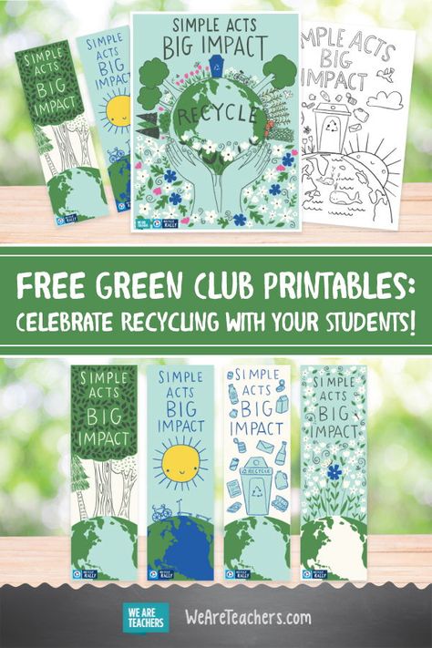 Free Green Club Printables: Celebrate Recycling with Your Students! Whether you are starting a green club in your classroom, or well down your recycling journey at your school, celebrate your efforts! From a mini poster to bookmarks to a coloring page here are a few great ways to motivate your earth-minded students. #Recycle #Printables #Teaching Recycling Programs For School, Recycling Club At School, Earth Day Provocations, Green Team Ideas, Environmental Club Ideas, Eco Club Activities, Earth Day Bookmarks, Environmental Club, School Garden Club