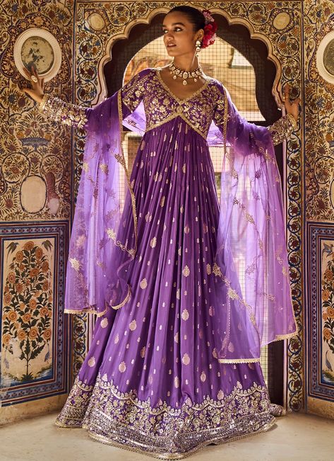 Purple Embroidered Brocade Anarkali Purple Floor, Stone Embroidery, Floor Length Anarkali, Brocade Pattern, Silk Anarkali, Designer Anarkali, Pattern Embroidery, Anarkali Suit, Anarkali Suits