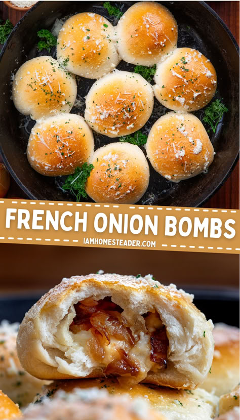 one image shows eight French onion bombs in a skillet on a wooden counter. The second image shows a French onion bomb with a bite out of it on top of another bomb that's full. Unique Appetizers, Buttermilk Biscuit, Cheese All, Flavored Butter, Buttery Biscuits, Onion Recipes, Gruyere Cheese, French Onion Soup, French Onion