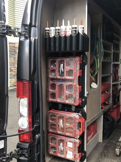 Milwaukee Tool Box Ideas, Work Truck Organization, Work Truck Storage, Milwaukee Tool Box, Van Organization, Truck Organization, Van Shelving, Trailer Organization, Work Trailer