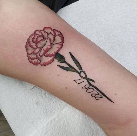 Carnation And Rose Tattoo Design, Carnation Wrist Tattoo, Carnation Tattoos For Women, Carnation Tattoo Stencil, Carnation With Name Tattoo, Carnation Memorial Tattoo, Purple Carnation Tattoo, Pink Carnation Tattoo Mothers, Carnation Tattoo Color