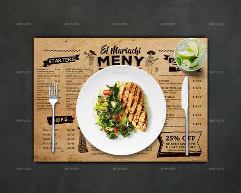 Restaurant Placemat Design, Mexican Food Menu, Gourmet Tacos, Placemat Design, Chicken Nachos, Food Graphic Design, Mexican Restaurant, Food Menu, Restaurant Design