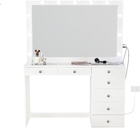 Desk For Bedroom, Glass Top Vanity, Makeup Vanity Lighting, Modern Makeup Vanity, Glass Top Desk, Lighted Vanity, Hollywood Lights, Painted Vanity, Makeup Desk