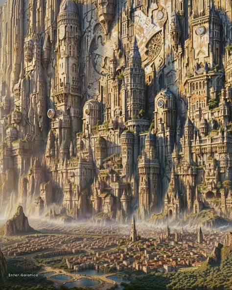 Magicpunk City, Building In Mountain, Fantasy Nation, Scifi Artwork, Stone Structures, Vertical City, Fantasy Cities, Magic City, Fantasy Castle