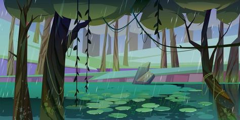 Rain in forest with swamp or lake and wa... | Free Vector #Freepik #freevector #tree #water #wood #computer Lilies Illustration, Shark Background, Starry Night Background, Underwater Cartoon, Forest Cartoon, Underwater Background, Forest Drawing, Forest Background, Scenery Background