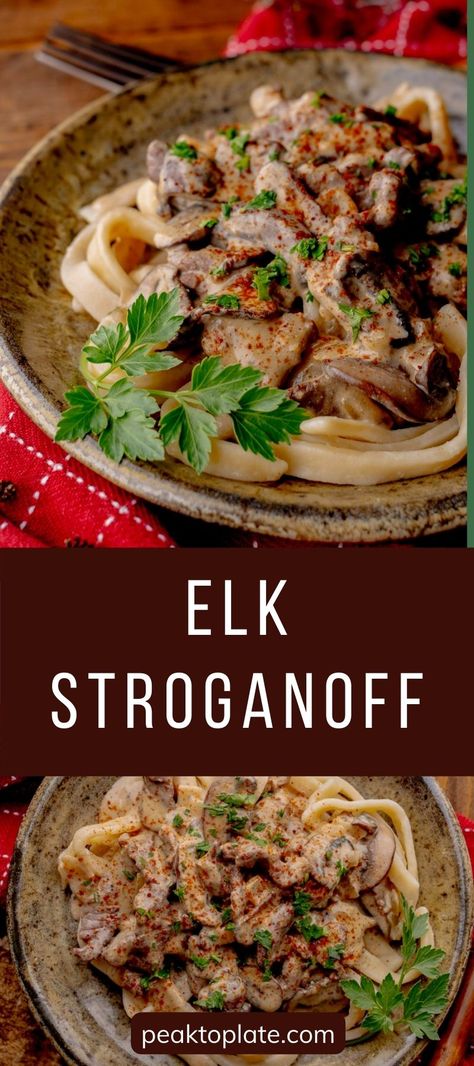 Elk stroganoff blends the rich, robust taste of elk meat with a luxuriously creamy sauce, delivering a dish with great flavor that's both hearty and satisfying. The savory sour cream sauce infused with mushrooms and onions has great flavor and perfectly complements the tender elk meat. This gourmet twist on a classic comfort food is the perfect recipe for lean elk roasts! Elk Dinner Recipes, Elk Stroganoff, Elk Meat Recipes, Recipes For Venison, Elk Steak, Moose Meat, Elk Meat, Turkey Hunt, Elk Recipes