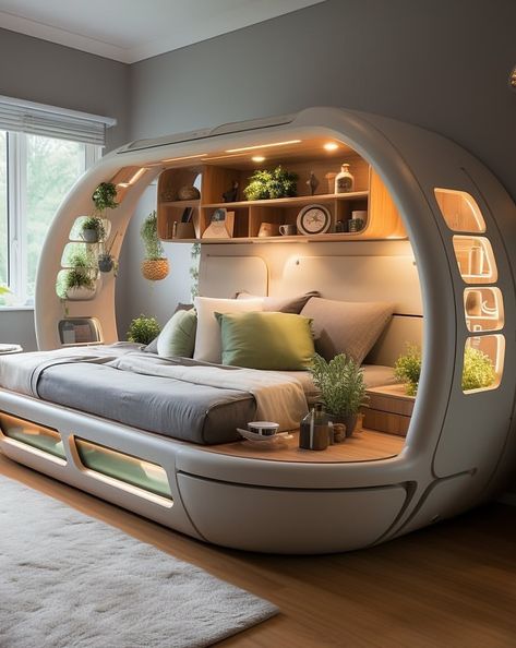 Some futuristic bed design 🛌 They look cool as well as being multifunctional! Check out icreatived.com 💻 📹 @designideahub on ig Futuristic Bedroom Ideas, Futuristic Bed, Futuristic Bedroom, Kids Bed Design, Amazing Bedroom Designs, Smart Bed, Desain Furnitur Modern, Futuristic Furniture, Futuristic Interior