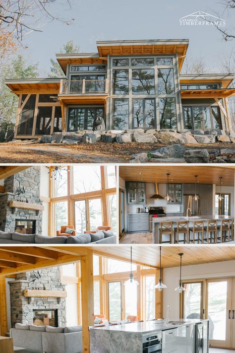 Contemporary Timber Frame House, Modern Lake House Plans Big Windows, Upslope House Design, Timber Frame Homes Plans, Modern Cabin Floorplan, Lake Home Plans, Timber House Plans, Timber Frame Cabin Plans, Modern House Plans Open Floor