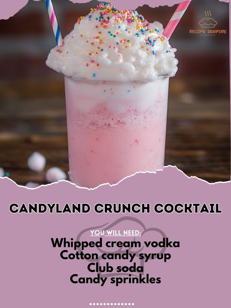 🍬🍸 Enter a world of sweetness with the Candyland Crunch Cocktail—fun, colorful, and a treat for your taste buds! 🌈🍹 #CandyCocktail #SweetSips Candyland Crunch Cocktail Ingredients: Whipped cream vodka (1 cup) Cotton candy syrup (1/4 cup) Club soda (1 cup) Candy sprinkles (for garnish) Ice cubes (as needed) Cotton candy (for garnish) Instructions: In a shaker, combine whipped cream vodka and cotton candy syrup. Shake well and pour over ice in glasses. Top with club soda and garnish with ca... Cotton Candy Drink Recipe, Candy Cocktails Alcohol, Cotton Candy Alcoholic Drink, Candy Inspired Cocktails, Candy Drinks Alcohol Recipes, Candy Alcohol Drinks, Candy Syrup, Alcohol Candy, Cotton Candy Drinks