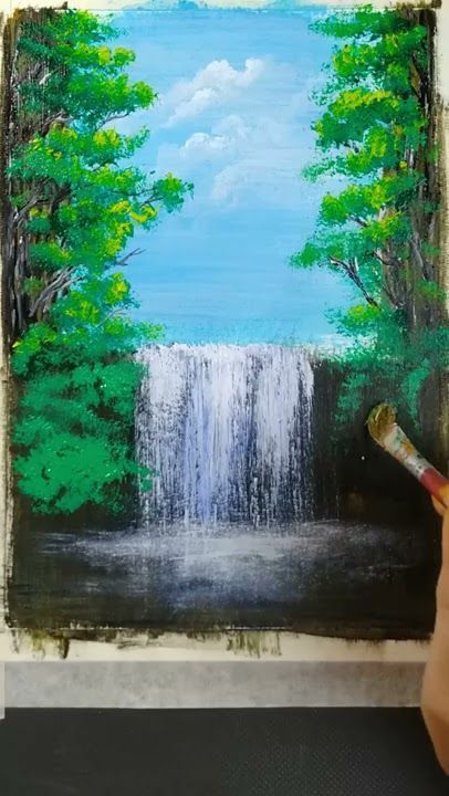 💦Waterfall painting/ Simple Acrylic Art/ #Shorts Simple And Easy Painting, Waterfall Drawing, Cloud Canvas Painting, Village Scene Drawing, Painting Shorts, Waterfall Painting, Drawing Scenery, Waterfall Scenery, Beach Art Painting