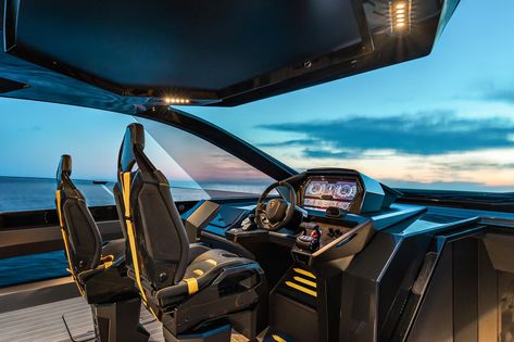 Lamborghini's First Luxury Yacht Has Been Delivered. And it's finished in Lamborghini Sian launch colors. Lamborghini Miura, Guest Cabin, Boat Interior, Yacht Interior, Super Sport Cars, Volkswagen Group, Below Deck, Yacht Design, Motor Yacht