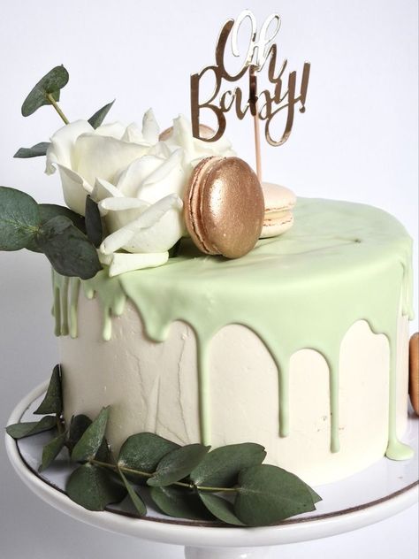 White Cake With Green Drip, Greenery Birthday Cake, Sage Green Cakes Birthday, Sage Green Drip Cake, Eucalyptus Birthday Cake, Sage Green Bday Cake, Olive Green Baby Shower Cake, Green Gender Reveal Cake, Mint Green Cake Birthday Simple