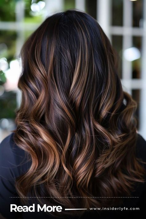 Metallic Brown Balayage Balayage Ombre For Dark Brown Hair, Black Hair To Caramel Balayage, Dark Brown Black Balayage, Dark Hair With Auburn Balayage, Thick Balayage Highlights, Partial Balayage On Dark Hair, Black Caramel Hair, Carmel Brown Balayage Hair On Black Hair, Black Caramel Balayage