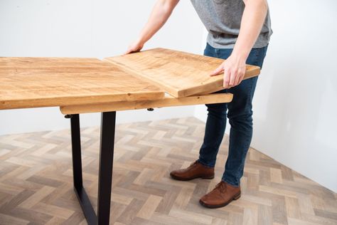 Grain_and_Frame_Industrial_Pine_Extendable_Trapezium_Black_End_Leaves_2 Small Extendable Dining Table, Dining Table Extension, Rustic Oak Dining Table, Dining Table With Leaf, Pine Dining Table, Industrial Dining Table, Industrial Dining, Table Extension, Extending Table