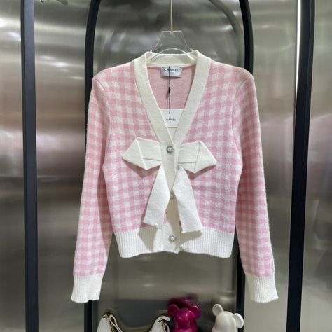 Chanel Pink Cardigan, Chanel Pink, Frilly Dresses, Crop Cardigan, Pink Chanel, Korean Fashion Dress, Pink Cardigan, Wardrobe Style, Really Cute Outfits