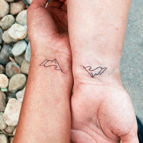 Mountain And Waves Tattoo Matching, Wave And Mountain Matching Tattoo, Camping Matching Tattoo, Best Friend Tattoos Mountains, Wave And Mountain Couple Tattoo, Mountain And Wave Best Friend Tattoo, Beach And Mountain Matching Tattoo, Small Wave And Mountain Tattoo, Mountain Tattoo Matching