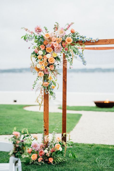 Wedding Arch Spring Flowers, Wildflower Arch Flowers, Colorful Arbor Flowers, Pastel Arch Wedding, Spring Floral Arch, Dahlia Wedding Arch, Spring Arch Wedding, Pink Floral Wedding Arch, Spring Arbor Wedding