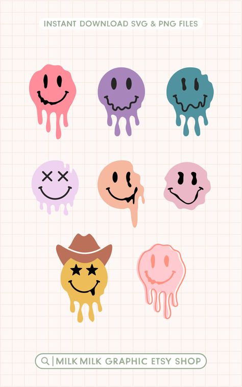 set of 8 retro color dripping smiley face svg files instant download for personal and commercial use Drip Smiley Face Wallpaper, Dripping Smiley Face, Birthday Smiley, Logo Types, Melting Smiley Face, Smiley Face Tattoo, Smiley Svg, Smiley Face Svg, Melting Face