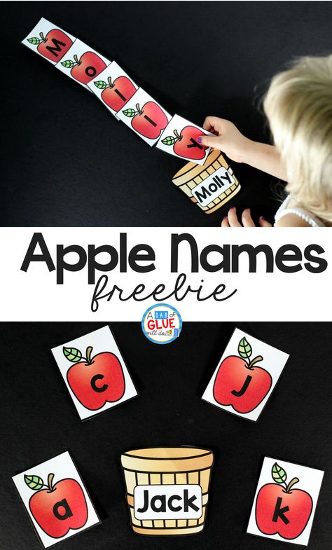 Apple Names! Have the kids pick the apples and spell their name- a great way for kids to learn how to read their name this fall or during an apple unit! Apple Names, Printables Organizational, Name Building, Preschool Apple Theme, September Preschool, Apple Lessons, Preschool Names, Apple Preschool, Apple Unit