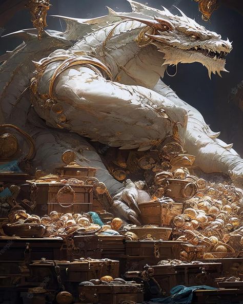 Premium Photo | A dragon with a gold ring sits among many treasure chests. Dragon And Treasure, Dragon With Treasure, Dragon Protecting Treasure, Dragon Treasure Hoard, Gold Dragon Art, Captain Aesthetic, Dragon Protecting, Sitting Dragon, Dragon Treasure