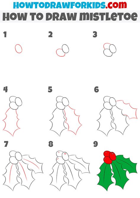 How To Draw A Mistletoe, Christmas Mistletoe Drawing, Mistletoe Drawing Easy, Step By Step Christmas Drawings, Draw Mistletoe, Brett Maverick, Mistletoe Drawing, Mistletoe Diy, English Drawing