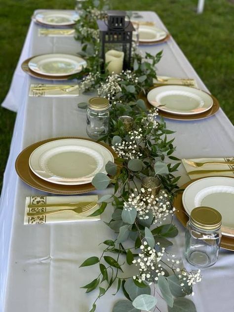 Greenery Food Table Decor, Eucalyptus Dinner Table Decor, Greenery Baby Shower Tables, Baptismal Table Set Up, Centerpieces Wedding Sage Green, Greenery Baby Shower Table, Sage And Gold Table Decor, Sage Green Bridal Shower Table Ideas, Sage Green Brunch Decor